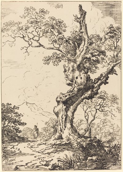 Studie einer alten Eiche, Wasser rechts, ein Mann links von George Samuel