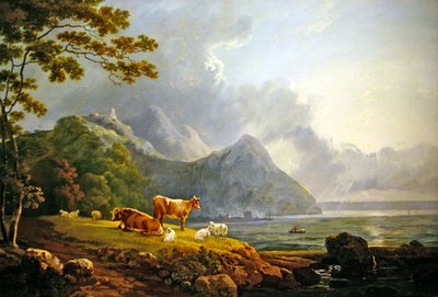 Eine weite Landschaft mit Schafen und Kühen von George Senior Barrett