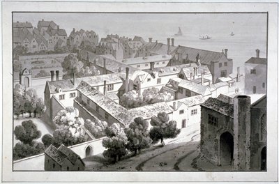Vogelperspektive auf den Palast des Bischofs von Winchester, Southwark, London, ca. 1820 von George Shepherd