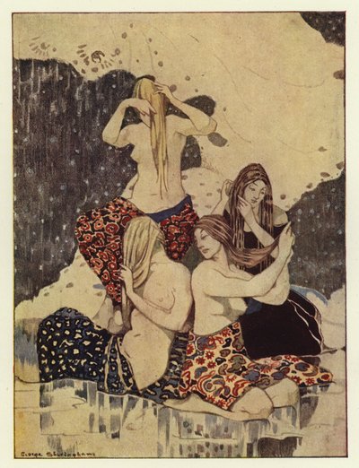Er sah vier schöne Mädchen auf dem Eis sitzen und ihre Haare flechten (Farblithografie) von George Sheringham