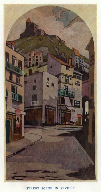 Die Gouvernante von Sheridan: Straßenszene in Sevilla (Farblithografie) von George Sheringham