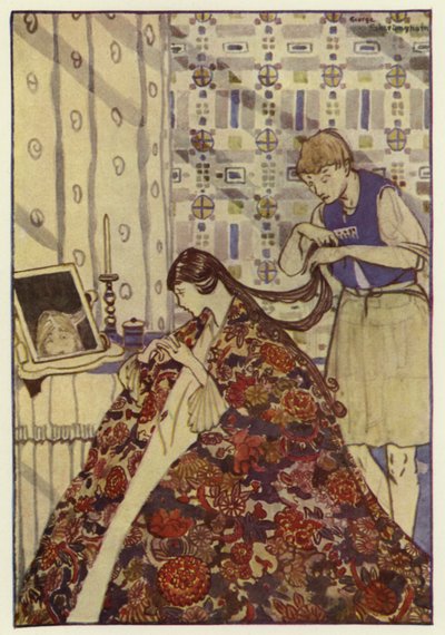 Dann zog er seine Schwester in gute Kleider an und wusch und kämmte ihr Haar (Farblithografie) von George Sheringham