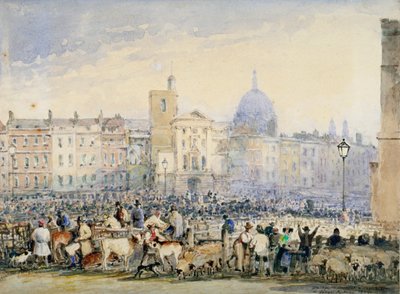 Ansicht des Smithfield-Marktes mit Figuren und Tieren, City of London, 1824 von George Sidney Shepherd