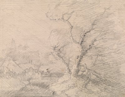 Landschaft mit Fußbrücke und großem Baum von George Smith