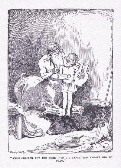 Der Cheiron legte ihm die Leier in die Hände und brachte ihn zum Spielen, aus The Heroes, veröffentlicht von George Allen und Unwin 1929 von George Soper