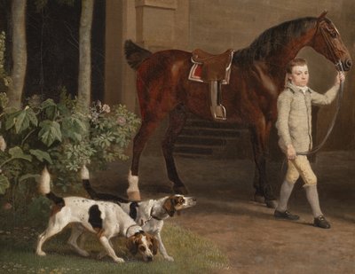 (Detail) William Henry Cavendish Bentinck, 3. Herzog von Portland vor den Reitställen der Welbeck Abbey, 1766-7 von George Stubbs