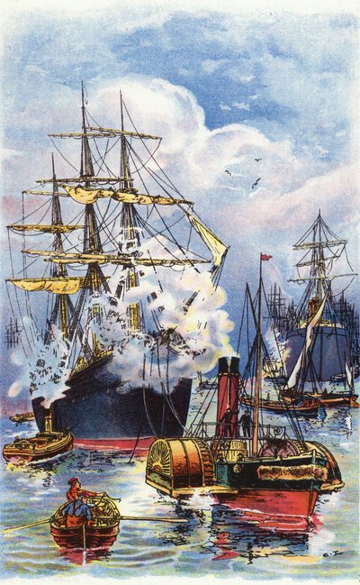 Ein Handelsschiff wird den Fluss Thames hinaufgeschleppt von George Washington Lambert