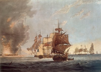 An die Offiziere, Seeleute und Marinesoldaten Seiner Majestätsschiffe Amphion, Cerberus, Volage & Active, Diese Platte stellt...die Sprengung des französischen Kommodore vor der Insel Lissa in der Adria am 13. März 1811 dar von George Webster