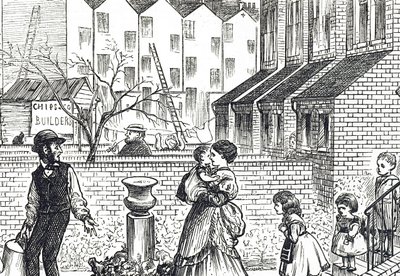 Karikatur, die die schnelle städtische Expansion und den Pfusch am Bau kommentiert von George du Maurier