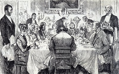Karikatur, die einen eleganten Abend in einem viktorianischen Zuhause zeigt von George du Maurier
