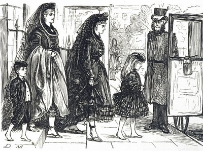 Karikatur, die Menschen zeigt, die natürliche Schuhe tragen, um deformierte Füße zu vermeiden von George du Maurier