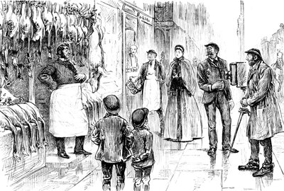 Gravur, die einen Metzger und Geflügelhändler zeigt, der vor seiner Weihnachtsauslage von George du Maurier fotografiert wird. George du Maurier (1834-1896), ein franco-britischer Karikaturist und Autor. Datiert 19. Jahrhundert von George du Maurier