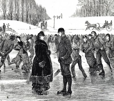 Gravur, die ein mittelaltes Paar beim Eislaufen zeigt von George du Maurier