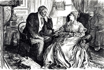 Georges du Maurier Karikatur, die ein Gespräch zwischen einem Mann und einer Frau über die beruhigenden Vorteile von Lebertran illustriert. England 1869 von George du Maurier