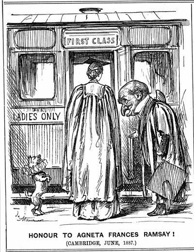 Mr. Punch verneigt sich vor Agneta Frances Ramsay, die mit Auszeichnung bestand, aber keinen Abschluss erhalten konnte, da Cambridge zu dieser Zeit keine Abschlüsse an Frauen vergab. George du Maurier Karikatur aus Punch, London, 2. Juli 1887. Gravur von George du Maurier