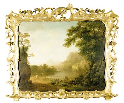 Eine italienische bewaldete Flusslandschaft mit Figuren im Vordergrund und einem Dorf dahinter von George the Elder Barret