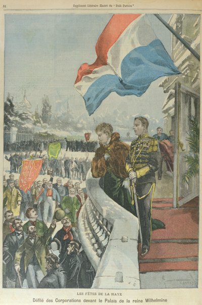 Prozession der Korporationen in Den Haag vor Königin Wilhelmina der Niederlande zur Feier ihrer Hochzeit mit Herzog Heinrich von Mecklenburg, Februar 1901 von Georges (after) Carrey