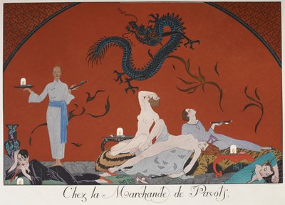 Chez la Marchande de Pasots. Menschen, einige nackt, liegen in einem Raum. Chinesische Dekoration. von Georges Barbier