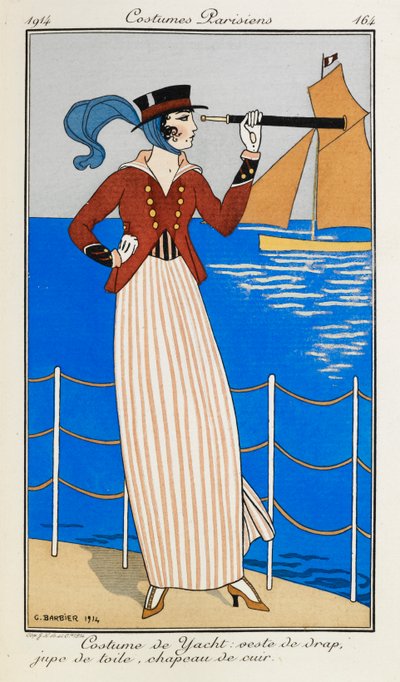 Yachtkostüm: Jacke aus Tuch, Rock aus Leinen, Hut aus Leder. Eine Frau in einem Yachtkostüm: eine rote Tuchjacke, gestreifter Leinenrock, ein Lederhut und ein blauer Schal. Sie benutzt ein Teleskop und zeigt auf das Boot im Hintergrund. Pariser Kostüme. von Georges Barbier