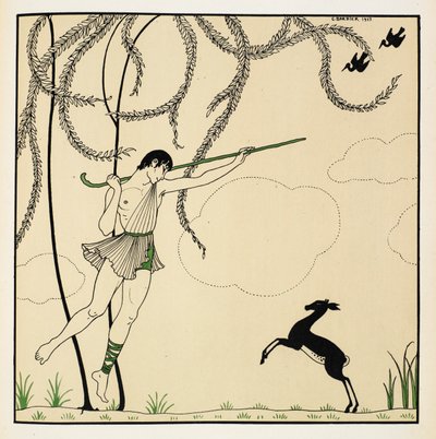 "Narcisse". Szene aus Narcisse, einem klassischen Ballett in einem Akt. Narcisse wurde 1911 in Monte Carlo uraufgeführt. Der Junge tanzt in der Luft und trägt einen Hirtenstab, ein Lamm steht auf seinen Hinterbeinen. von Georges Barbier