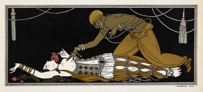 Nijinsky als der goldene Sklave in Sheherazade, einer symphonischen Suite, komponiert von Nikolai Rimsky-Korsakov im Jahr 1888. Sheherazade liegt hier auf ihrem Sterbebett, der goldene Sklave beugt sich über sie von Georges Barbier