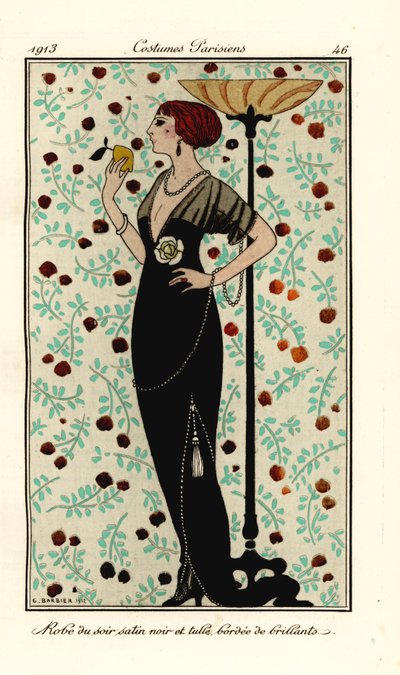 Frau im Abendkleid aus schwarzem Satin und Tüll, mit Brillanten besetzt von Georges Barbier