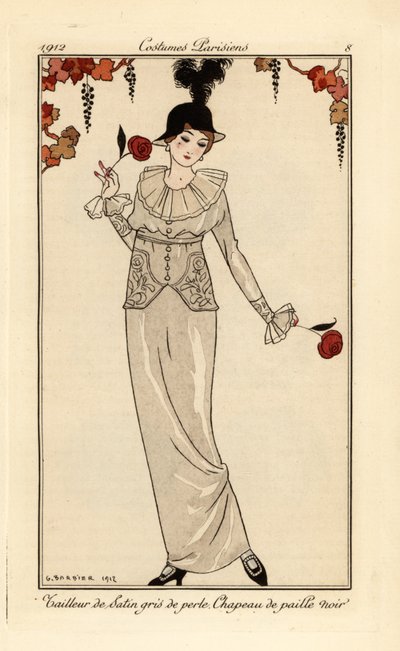 Frau im perlgrauen Anzug und schwarzem Strohhut. Tailleur de satin gris de perle, chapeau de paille noir. Handkolorierte Pochoir-Radierung nach einer Illustration von George Barbier aus Tommaso Antonginis Journal des Dames et des Modes, Aux Bureaux du Jour von Georges Barbier