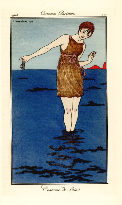 Frau im Badeanzug bis zu den Knöcheln im Meer am Strand, die eine Krabbe hält von Georges Barbier