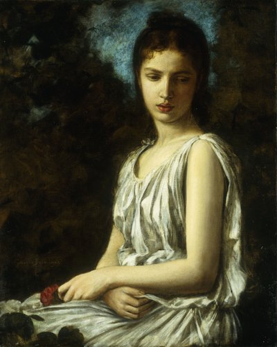 Eine junge Frau in klassischer Kleidung, die eine rote Rose hält von Georges Bellanger