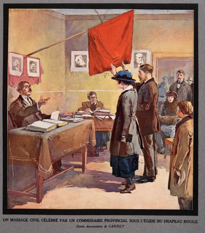 Eine zivile Hochzeit durchgeführt von einem Provinzkommissar unter der Ägide der Roten Fahne, aus Histoire des Soviets, veröffentlicht 1922 von Georges Carrey