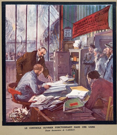 Arbeiterkontrolle in einer sowjetischen Fabrik zur Zeit der Revolution 1917, aus Histoire des Soviets, veröffentlicht 1922 von Georges Carrey