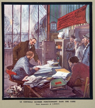 Arbeiterkontrolle in einer sowjetischen Fabrik zur Zeit der Revolution 1917, aus Histoire des Soviets, veröffentlicht 1922 von Georges Carrey