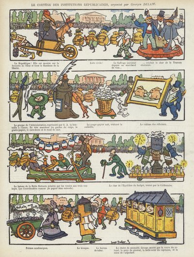 Prozession der republikanischen Institutionen. Illustration für Le Rire von Georges Delaw