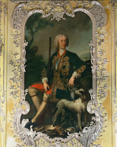 Porträt des Kurfürsten Carl Albrecht im gelben Schlafzimmer des Amalienburg-Palastes im Nymphenburger Park von Georges Desmarées
