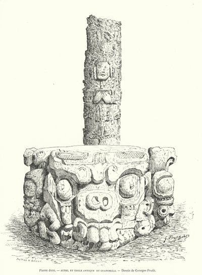 Maya-Steinaltar und Idol aus Guatemala (Gravur) von Georges Ernest Profit