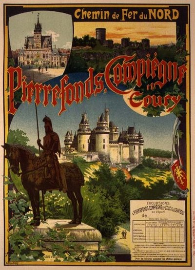 Reproduktion eines Posters, das Ausflüge der Nordbahn nach Pierrefonds, Compiegne und Coucy bewirbt von Georges Fraipont