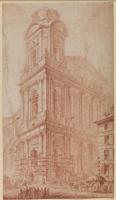Die Fassade von S. Sulpice kurz vor der Fertigstellung - rechts ein Wagen vor einem nicht mehr existierenden Haus; im Vordergrund Zuschauer von Georges François Blondel