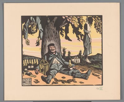 Soldat, der gegen einen Baum lehnt, mit aufgehängten Menschen von Georges Hermann Rene Paul