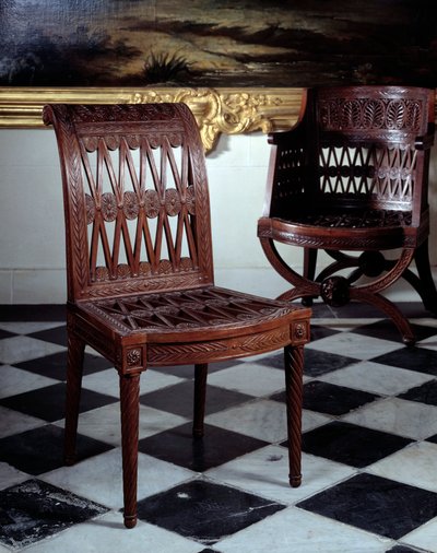 Stuhl für die Molkerei von Marie Antoinette. Geschnitztes Mahagonimöbel von Georges Jacob (1739-1814) von Georges Jacob