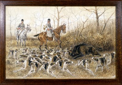 Hunderudel um einen Wildschwein bei einer Jagd - Zeichnung von Georges La Roque, ca. 1900 von Georges La Roque