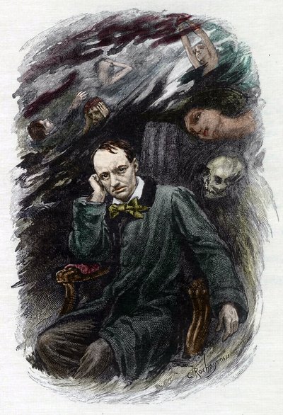 Porträt des französischen Dichters Charles Baudelaire (1827-1861) umgeben von seinen Geistern (Darstellung des französischen romantischen Dichters Charles Baudelaire umgeben von Geistern, Illustration für „Die Blumen des Bösen“) Illustration von Georges An von Georges Marie Rochegrosse