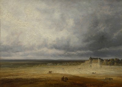 Landschaft mit einem gepflügten Feld und einem Dorf, wahrscheinlich nach 1827 von Georges Michel
