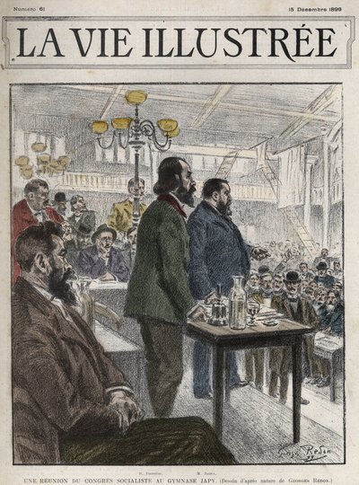 Allgemeiner Kongress der sozialistischen Organisationen, abgehalten in Paris im Dezember 1899, im Gymnasium Japy - Jean Jaurès (1859-1914) und Eugene Fournier (1857-1914) Zeichnung von Georges Redon - la vie illustrée von 1899 von Georges Redon