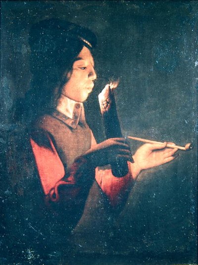 Junger Mann, der seine Pfeife anzündet von Georges de la after Tour