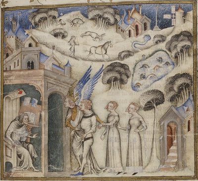 Amor führt seine Kinder Süßer Gedanke, Vergnügen und Hoffnung zu Guillaume de Machaut, von Meister der Bibel von Jean de Sy 1372-77 von Georgia Levan Ramishvili from Tbilisi
