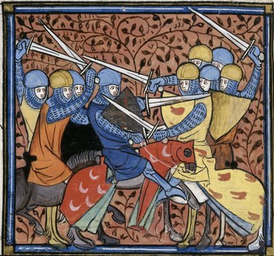 Ebroin besiegt die Austrasier, aus Les Grandes chroniques de France, Royal 16 G VI f.114v, ca. 1332-1350 von Georgia Levan Ramishvili from Tbilisi