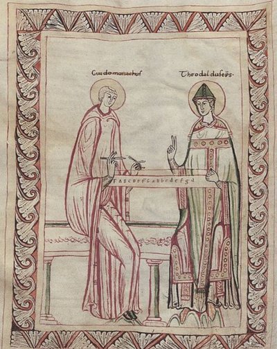 Guido von Arezzo und Bischof Tedald arbeiten am Monochord, 11. Jahrhundert Miniatur von Georgia Levan Ramishvili from Tbilisi