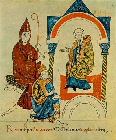 König -Heiliger Römischer Kaiser Heinrich IV- betet zu Abt -Hugh von Cluny- und fleht Matilda -von Canossa- an, aus Vita Mathildis, um 1115 von Georgia Levan Ramishvili from Tbilisi
