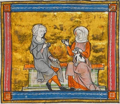 Lancelot im Gespräch mit einer Dame, die einen kleinen schwarz-weißen Hund hält, aus Morte Artu, ca. 1315-1325 von Georgia Levan Ramishvili from Tbilisi
