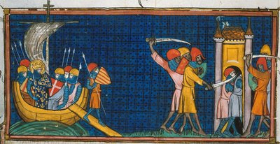 Ludwig IX. landet in Tunis, und Franzosen werden von Sarazenen im Turm abgeschnitten, aus Chroniques de France ou de St Denis, 14. Jahrhundert von Georgia Levan Ramishvili from Tbilisi